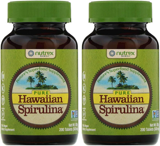 2 Packs of Nutrex Pure Hawaiian Spirulina 500mg Tablets - 200 Count Each - Energy Booster, Immune Support - Vegan, Non GMO - Grown in Hawaii - Natural Superfood