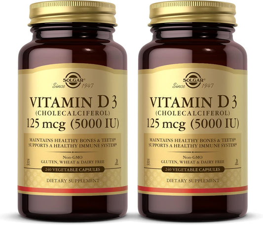 2 Packs of SOLGAR Vitamin D3 (Cholecalciferol) 125 mcg (5000 IU) - 240 Capsules Each - Non-GMO, Gluten Free, Dairy Free, Kosher - 480 Servings Total