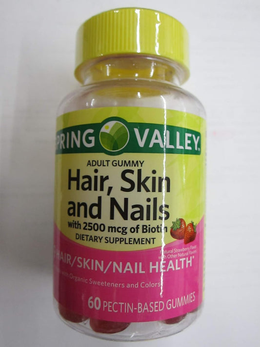 2 Packs of Spring Valley Adult Hair, Skin, Nails Gummies with 2500 mcg Biotin - Strawberry Flavor, 120 Gummies total