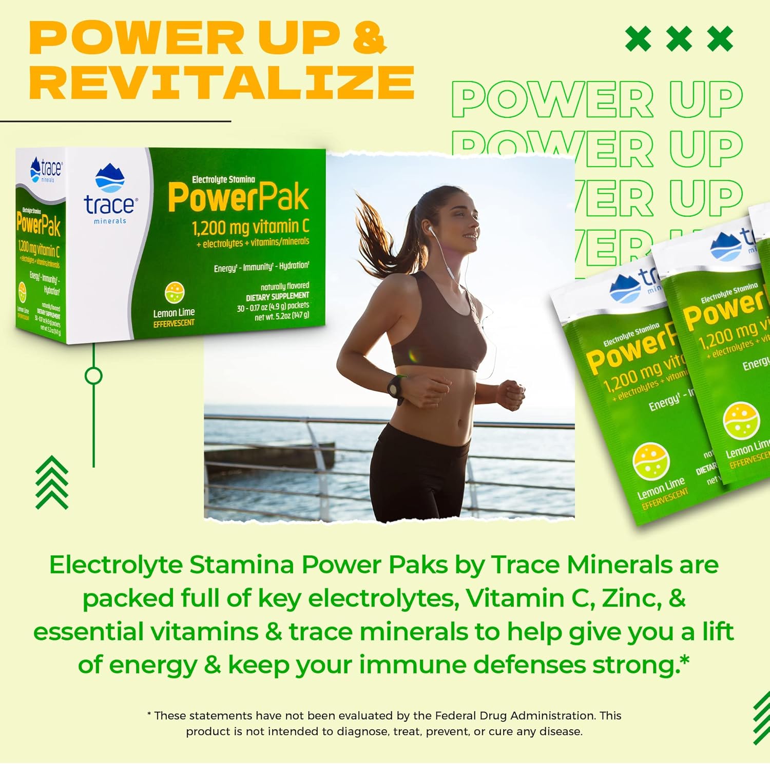 2 Packs of Trace Minerals Research Electrolyte Stamina Power Pak in Lemon Lime Flavor, 32 Count Each