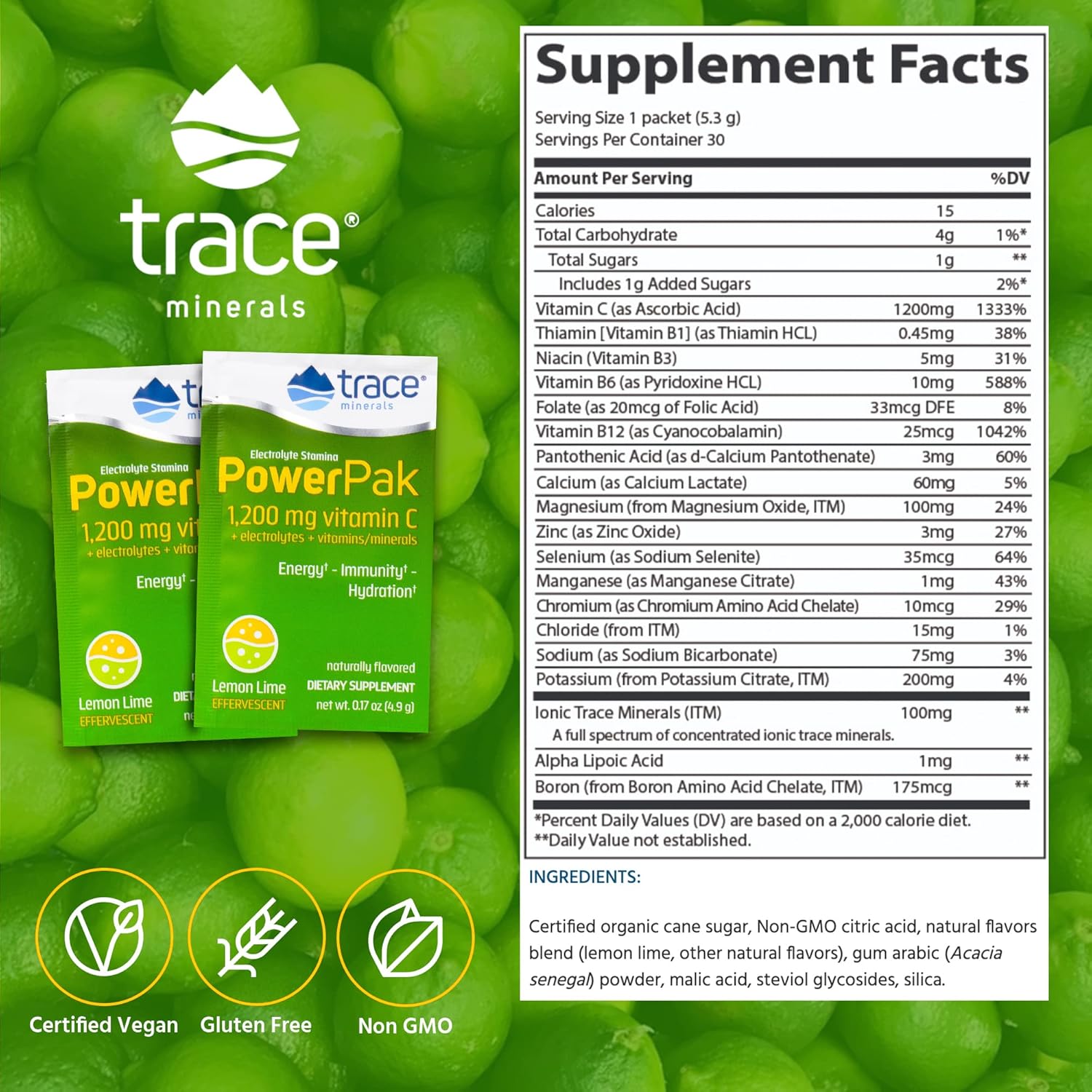 2 Packs of Trace Minerals Research Electrolyte Stamina Power Pak in Lemon Lime Flavor, 32 Count Each