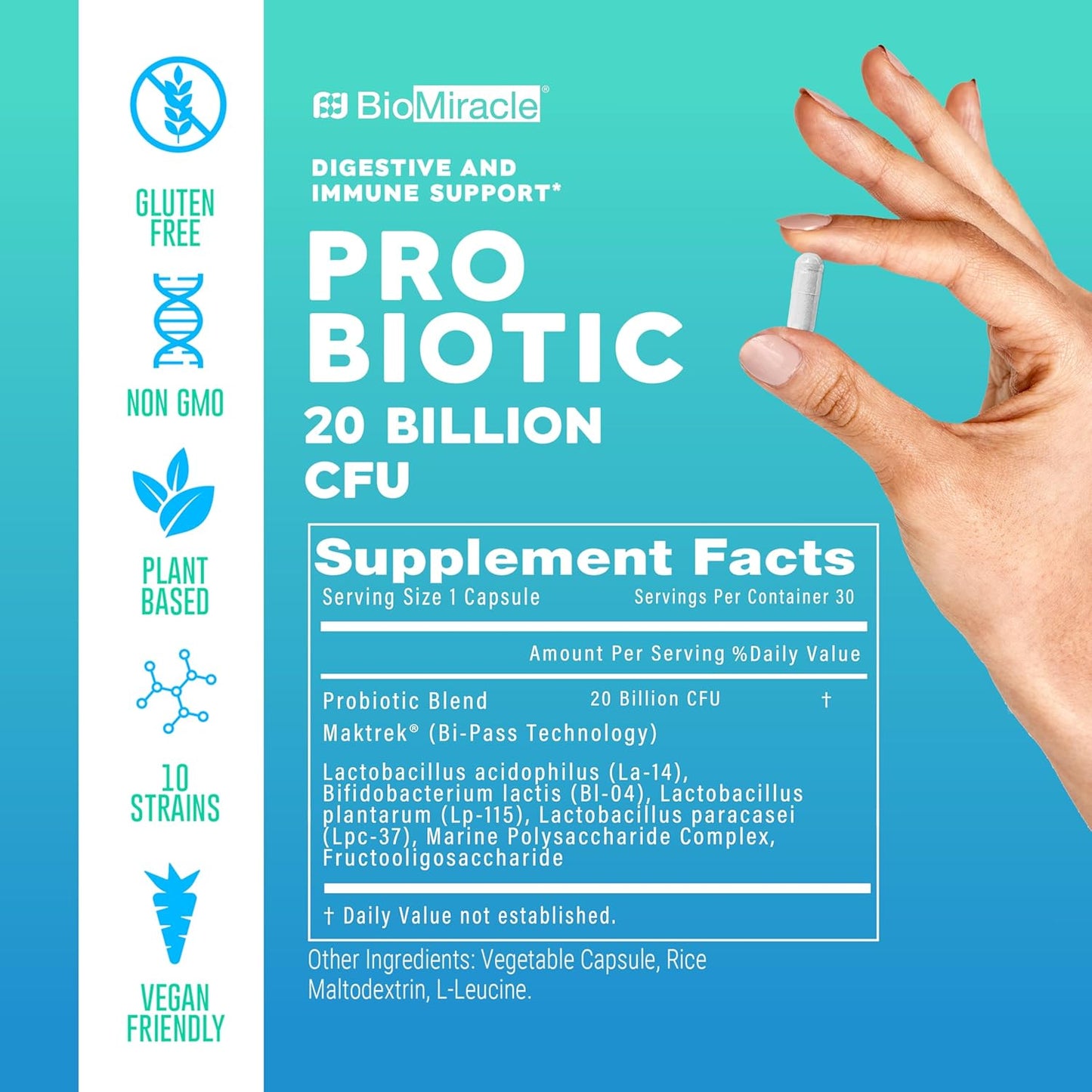20 Billion CFU Probiotic with Natural Ingredients, Gluten-Free & Non-GMO - Vegetarian Friendly with Many Strains