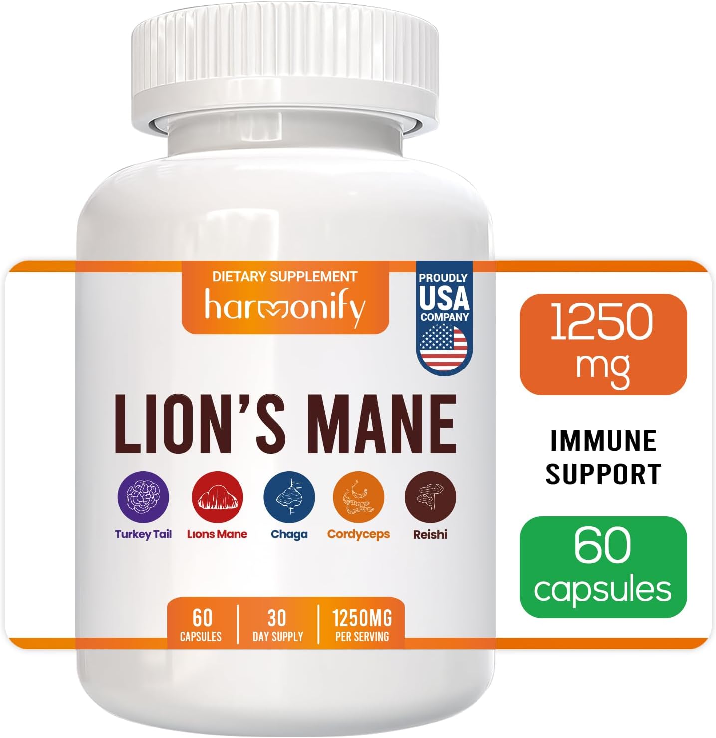 20-in-1 Mushroom Supplement Capsules with Lions Mane, Turkey Tail, Reishi, Cordyceps, Chaga, and More by HARMONIFY