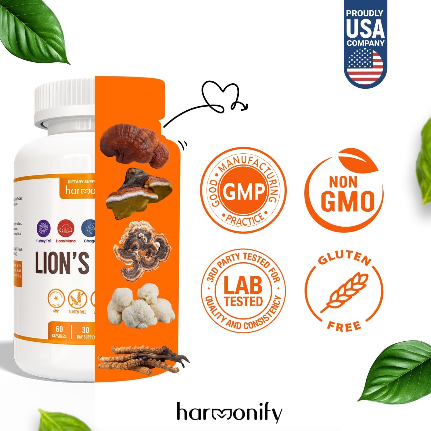 20-in-1 Mushroom Supplement Capsules with Lions Mane, Turkey Tail, Reishi, Cordyceps, Chaga, and More by HARMONIFY