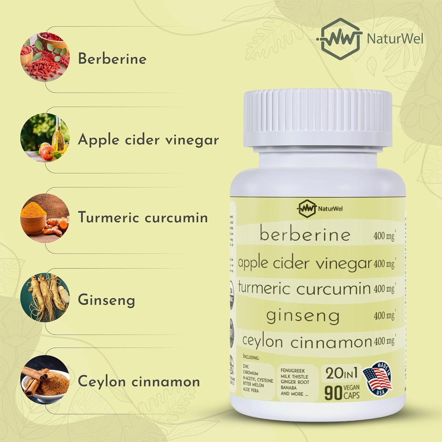 20-in-1 USA-Made Capsules with Ceylon Cinnamon, Ginseng, Turmeric, Apple Cider Vinegar, and More - 90 Count