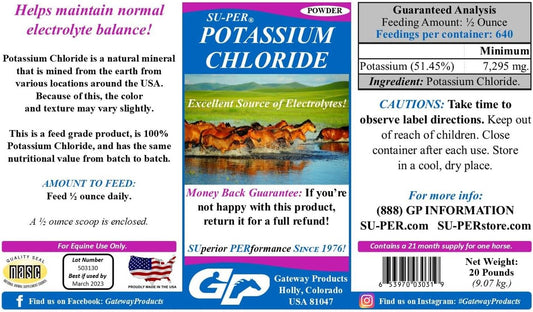 20 lb SU-PER Potassium Chloride Horse Electrolyte Supplement - Maintain Normal Electrolyte Balance for 21 Months