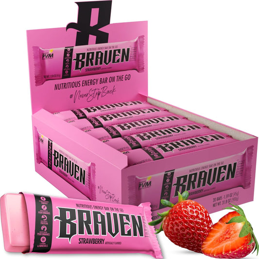 20 Pack Braven Bar Strawberry Energy Chews with 5g Protein - On-the-Go Gluten Free Snacks for Running, Hiking, Sports - Sustained Energy Boost