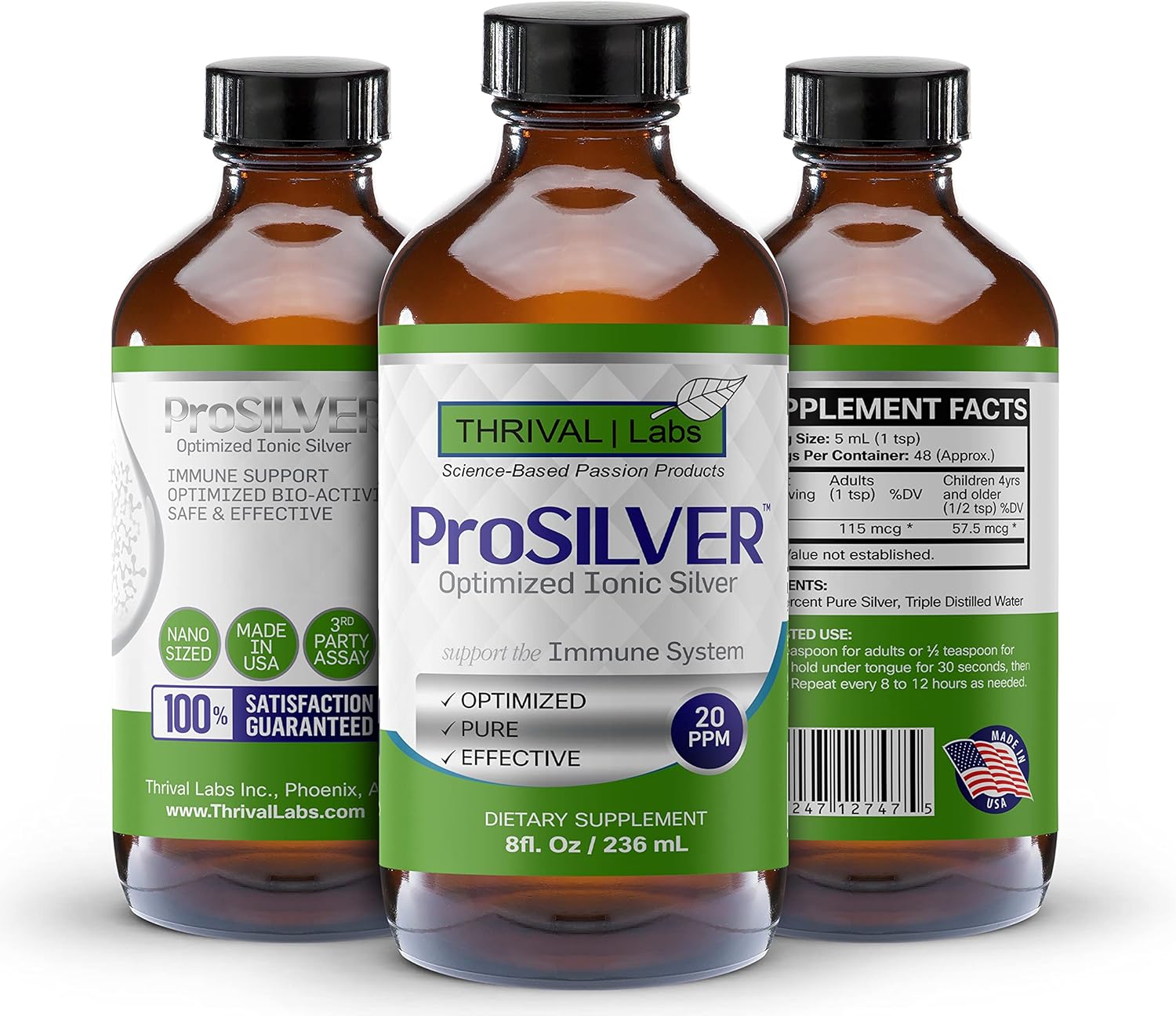 20 PPM ProSILVER Ionic Colloidal Silver Liquid for Immune Support - 8oz Dark Glass Bottle with Dropper - Thrival Labs