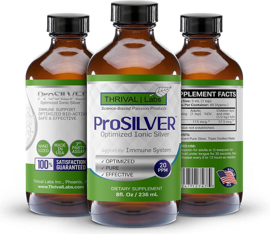 20 PPM ProSILVER Ionic Colloidal Silver Liquid for Immune Support - 8oz Dark Glass Bottle with Dropper - Thrival Labs