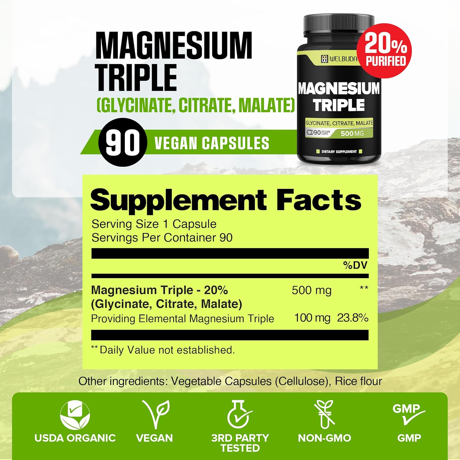 20% Purified Magnesium Triple Complex - 90 Capsules with 500mg Magnesium Glycinate, Malate & Citrate for Muscle, Mood, and Energy - 100mg Elemental Triple Magnesium