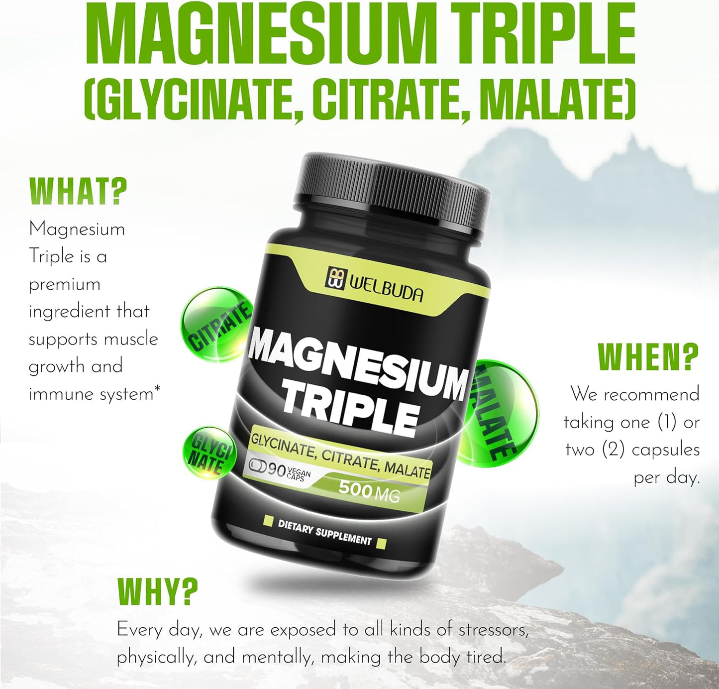 20% Purified Magnesium Triple Complex - 90 Capsules with 500mg Magnesium Glycinate, Malate & Citrate for Muscle, Mood, and Energy - 100mg Elemental Triple Magnesium