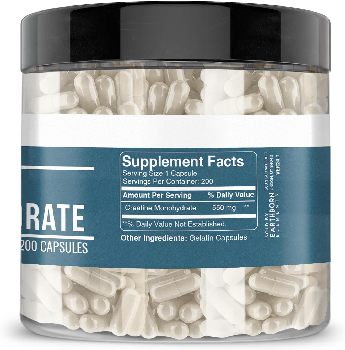 200 Capsules Earthborn Elements Creatine Monohydrate - Pure, Undiluted, Additive-Free