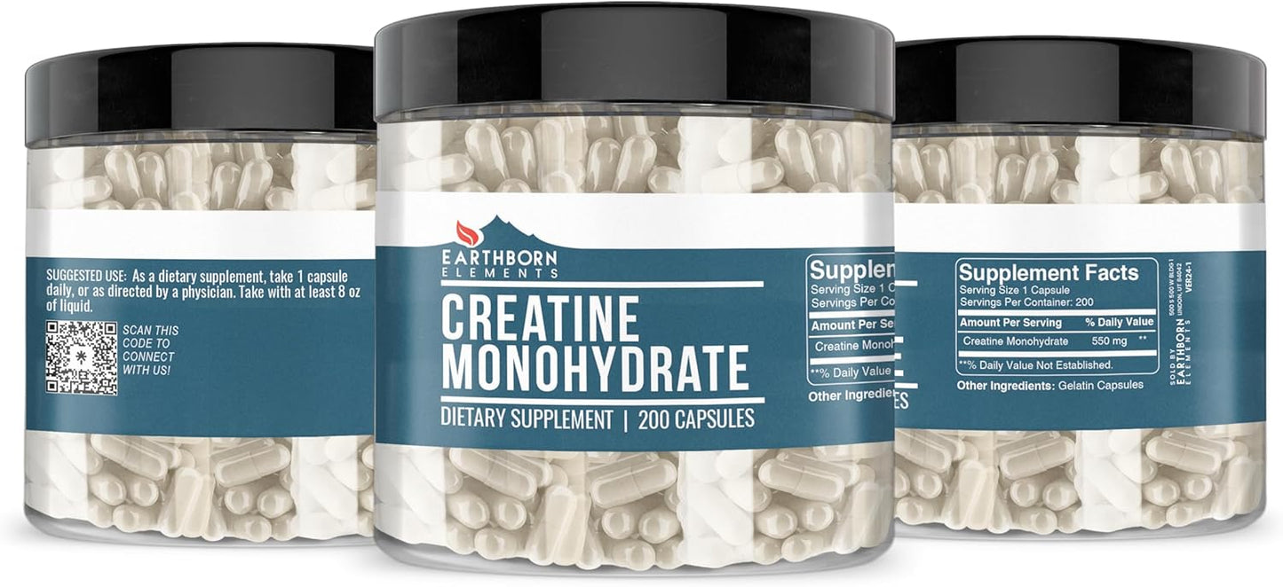 200 Capsules Earthborn Elements Creatine Monohydrate - Pure, Undiluted, Additive-Free