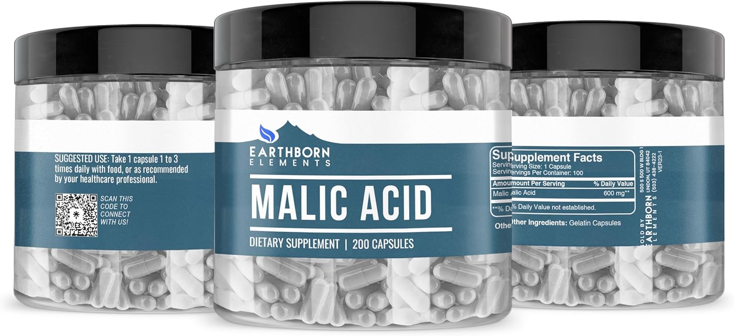 200 Capsules of Earthborn Elements Pure & Undiluted Malic Acid - Additive-Free Formula
