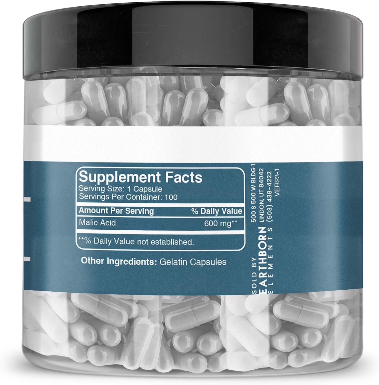 200 Capsules of Earthborn Elements Pure & Undiluted Malic Acid - Additive-Free Formula