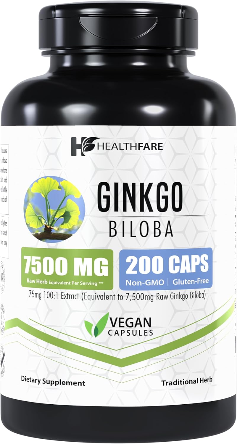 200 Capsules of Healthfare Ginkgo Biloba Extract 7500mg Equivalent | Non-GMO Vegetarian Supplement | USA Made