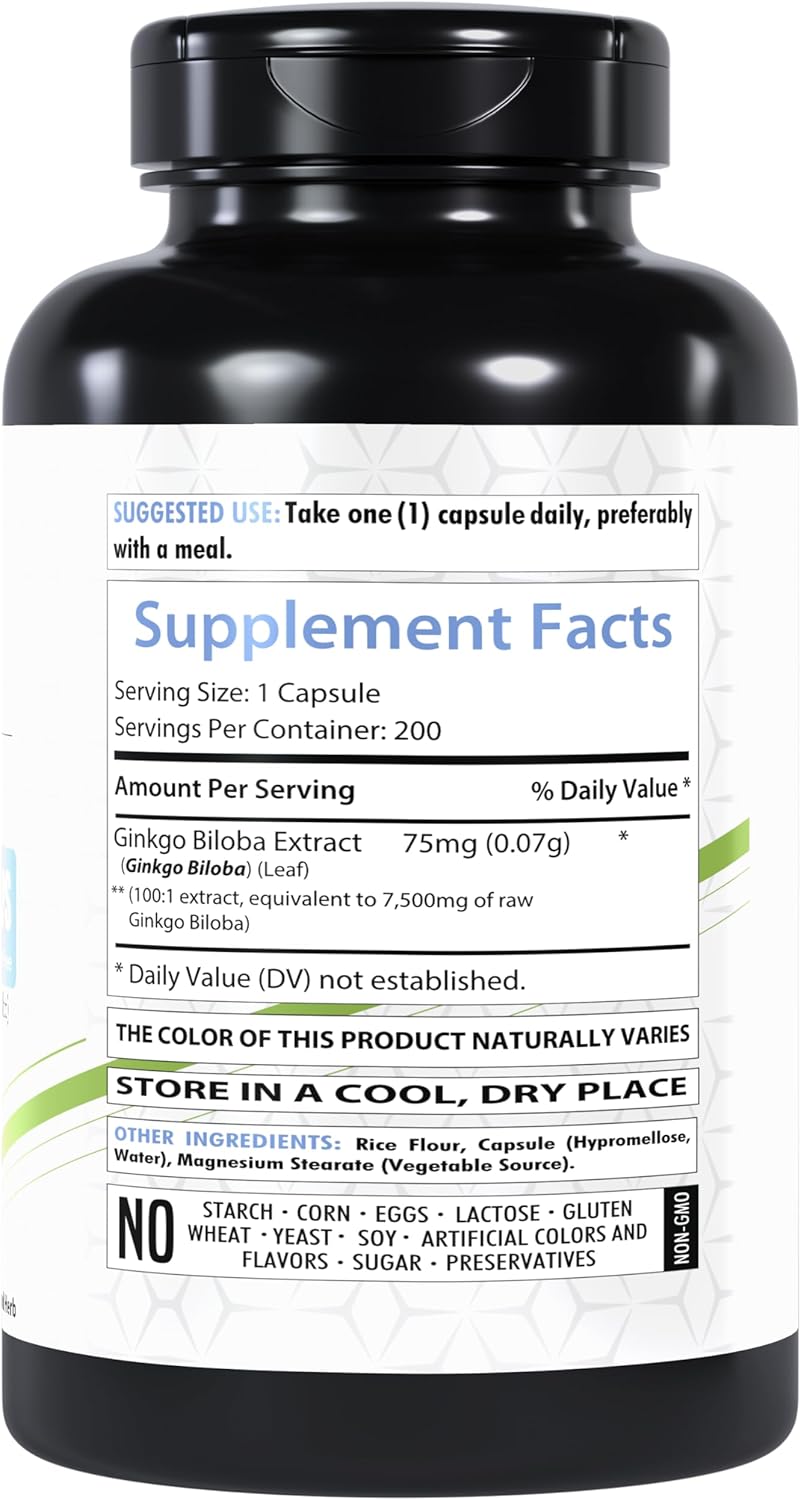 200 Capsules of Healthfare Ginkgo Biloba Extract 7500mg Equivalent | Non-GMO Vegetarian Supplement | USA Made