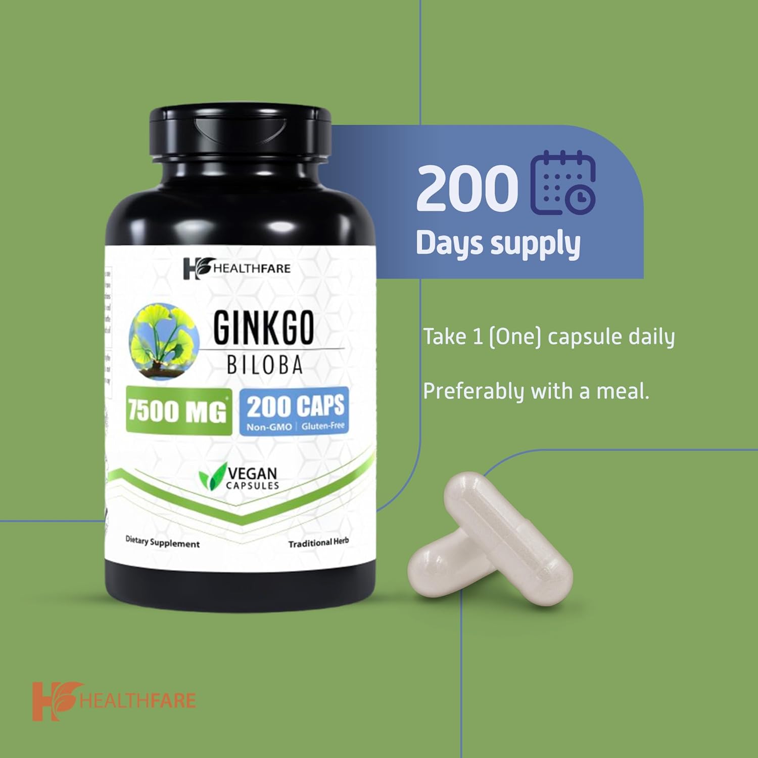 200 Capsules of Healthfare Ginkgo Biloba Extract 7500mg Equivalent | Non-GMO Vegetarian Supplement | USA Made