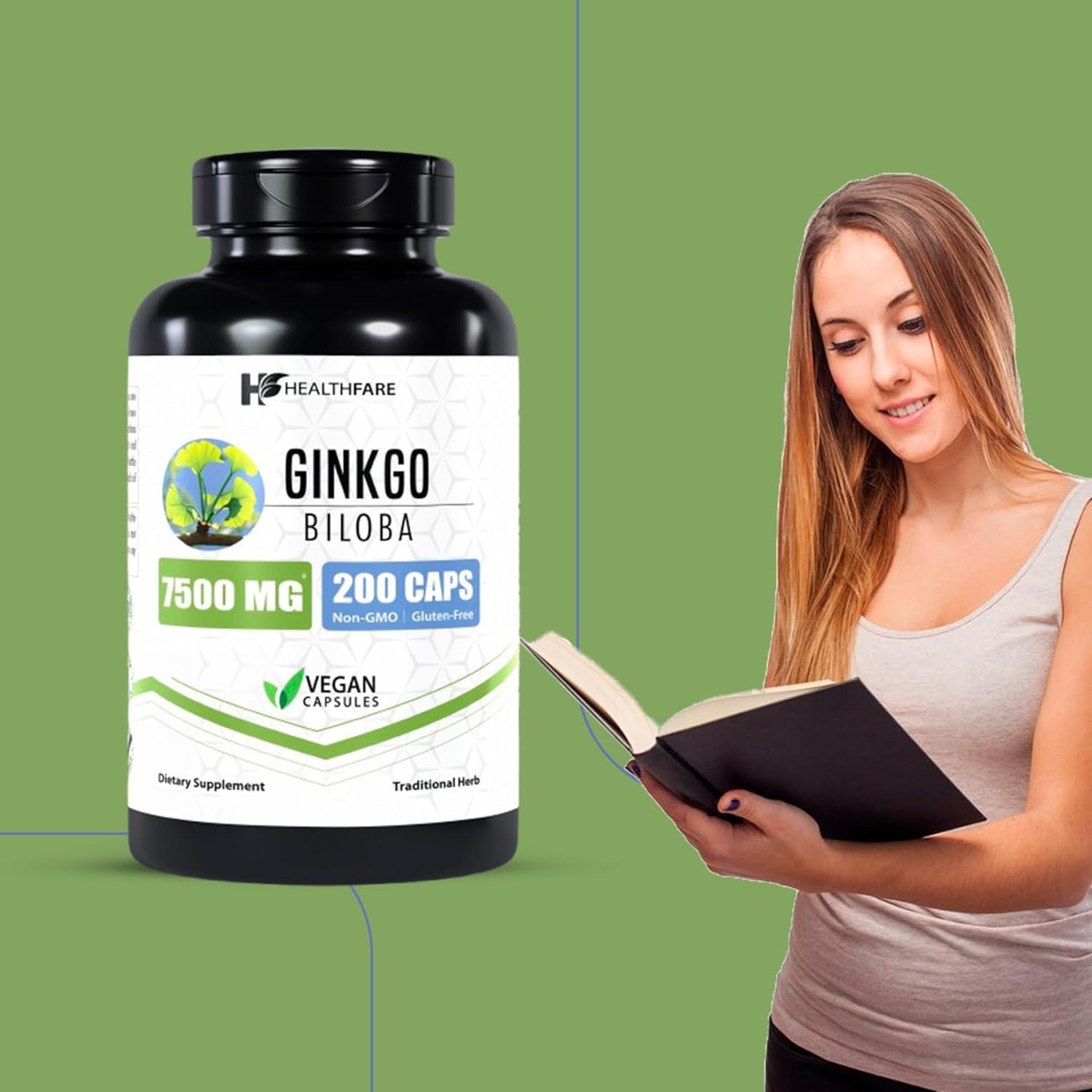 200 Capsules of Healthfare Ginkgo Biloba Extract 7500mg Equivalent | Non-GMO Vegetarian Supplement | USA Made