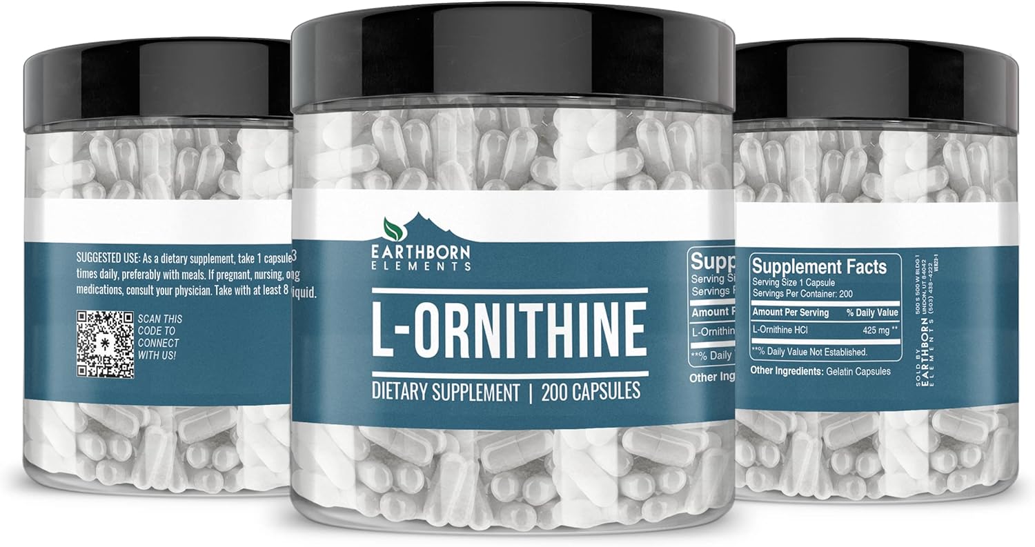 200 Capsules of L-Ornithine HCl for Protein Synthesis by Earthborn Elements