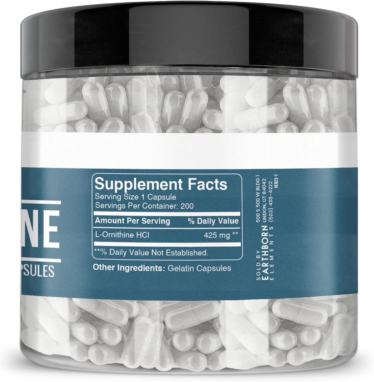 200 Capsules of L-Ornithine HCl for Protein Synthesis by Earthborn Elements
