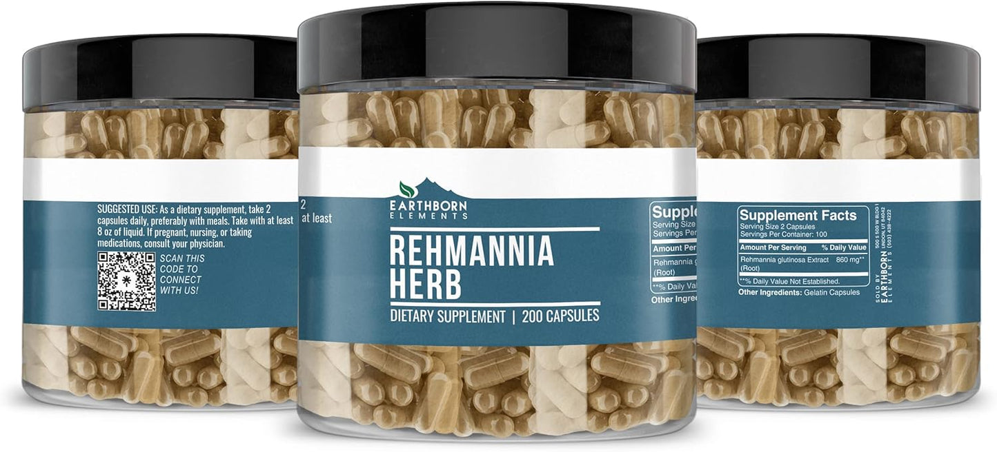 200 Capsules of Pure Earthborn Elements Rehmannia Herb - Undiluted, No Additives