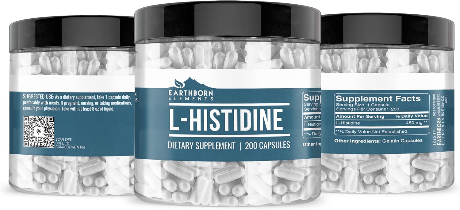 200 Capsules of Pure L-Histidine by Earthborn Elements - No Additives, Undiluted