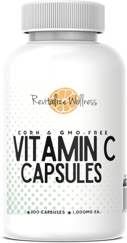 200 Capsules of Pure, Non-GMO 1000mg Vitamin C Capsules for Wellness