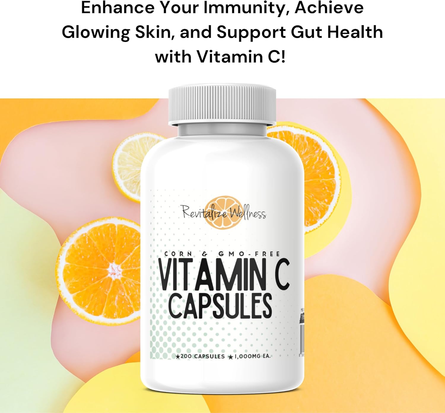 200 Capsules of Pure, Non-GMO 1000mg Vitamin C Capsules for Wellness