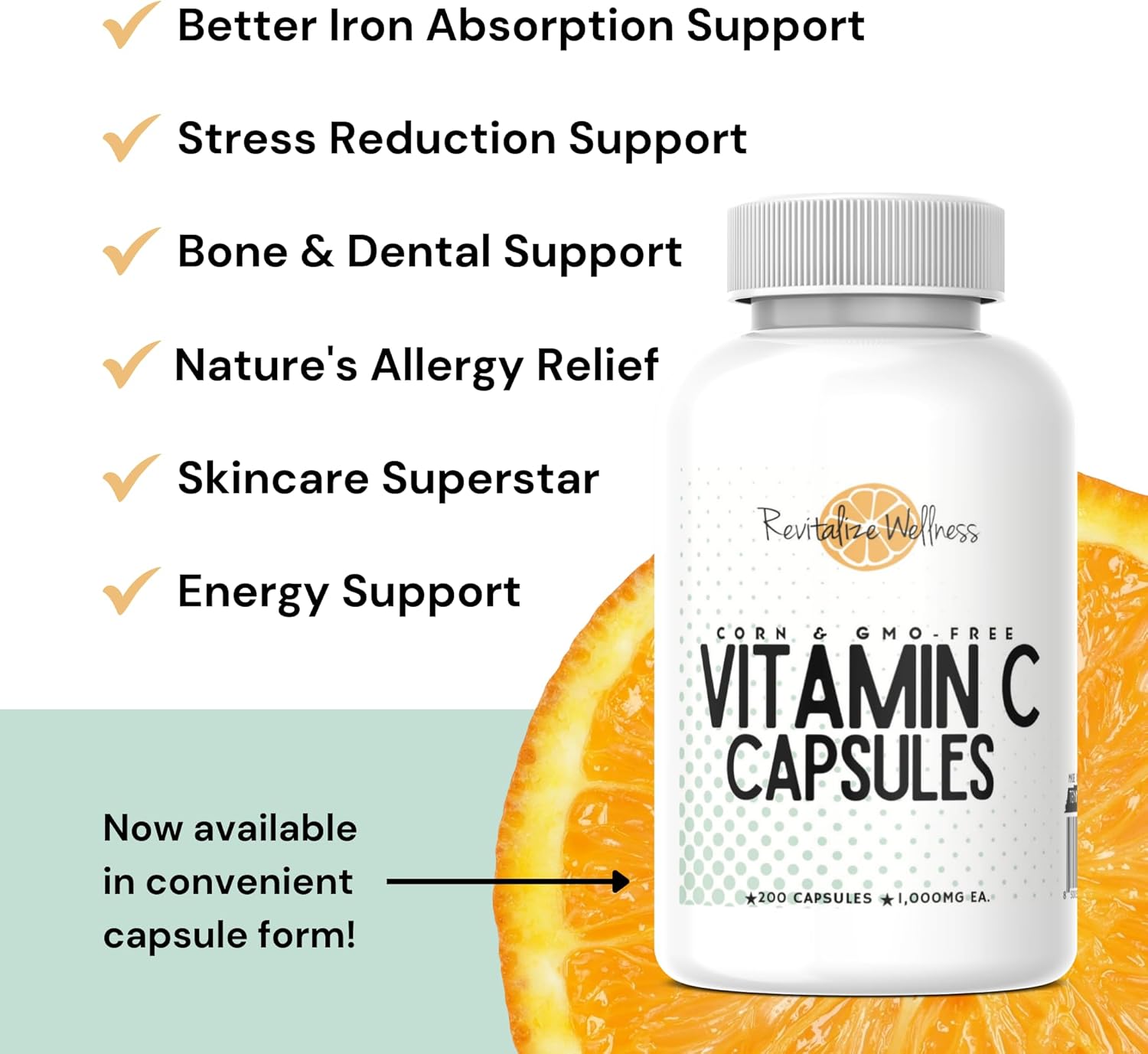 200 Capsules of Pure, Non-GMO 1000mg Vitamin C Capsules for Wellness