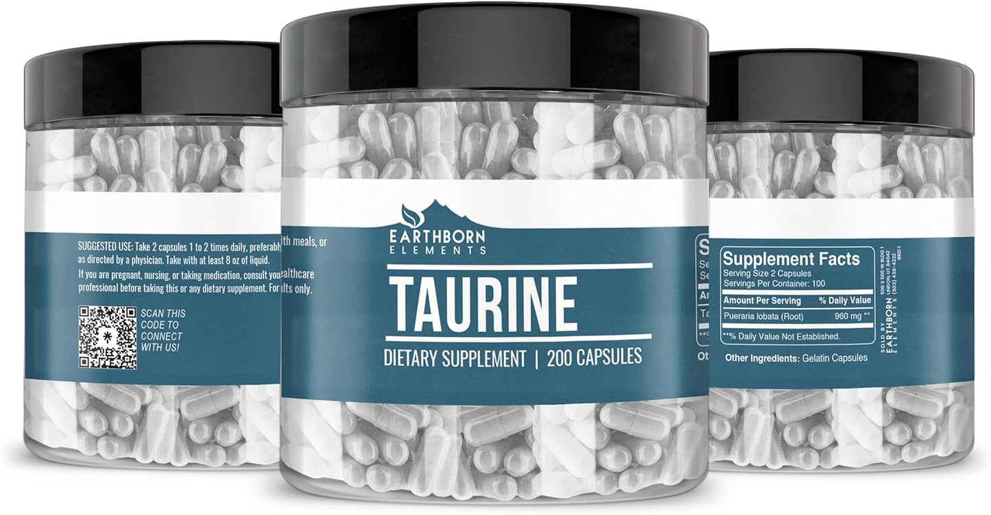 200 Capsules of Pure & Undiluted Taurine by Earthborn Elements - No Additives
