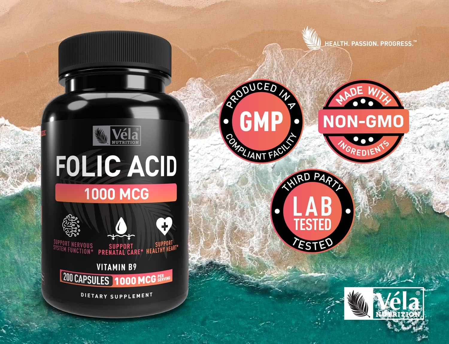 200 Capsules Véla Folic Acid Supplement | 1,000 mcg Per Serving | Heart & Prenatal Health Support | Non-GMO, Third Party Tested