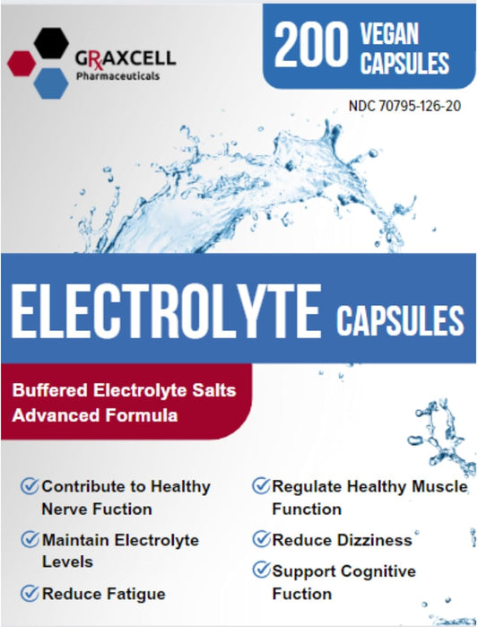 200 Count Bottle of Graxcell Electrolyte Capsules | 500mg Sodium, 100mg Potassium | Non-GMO Vegan Supplement for Hydration | Made in USA
