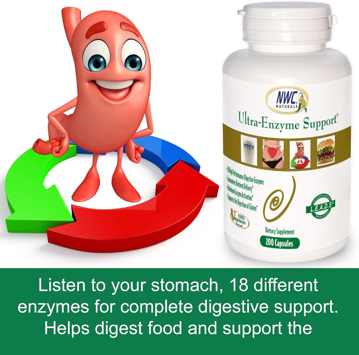 200 Count Capsules of NWC Naturals Ultra-Enzyme Support Digestive Supplement for Optimal Health and Digestion