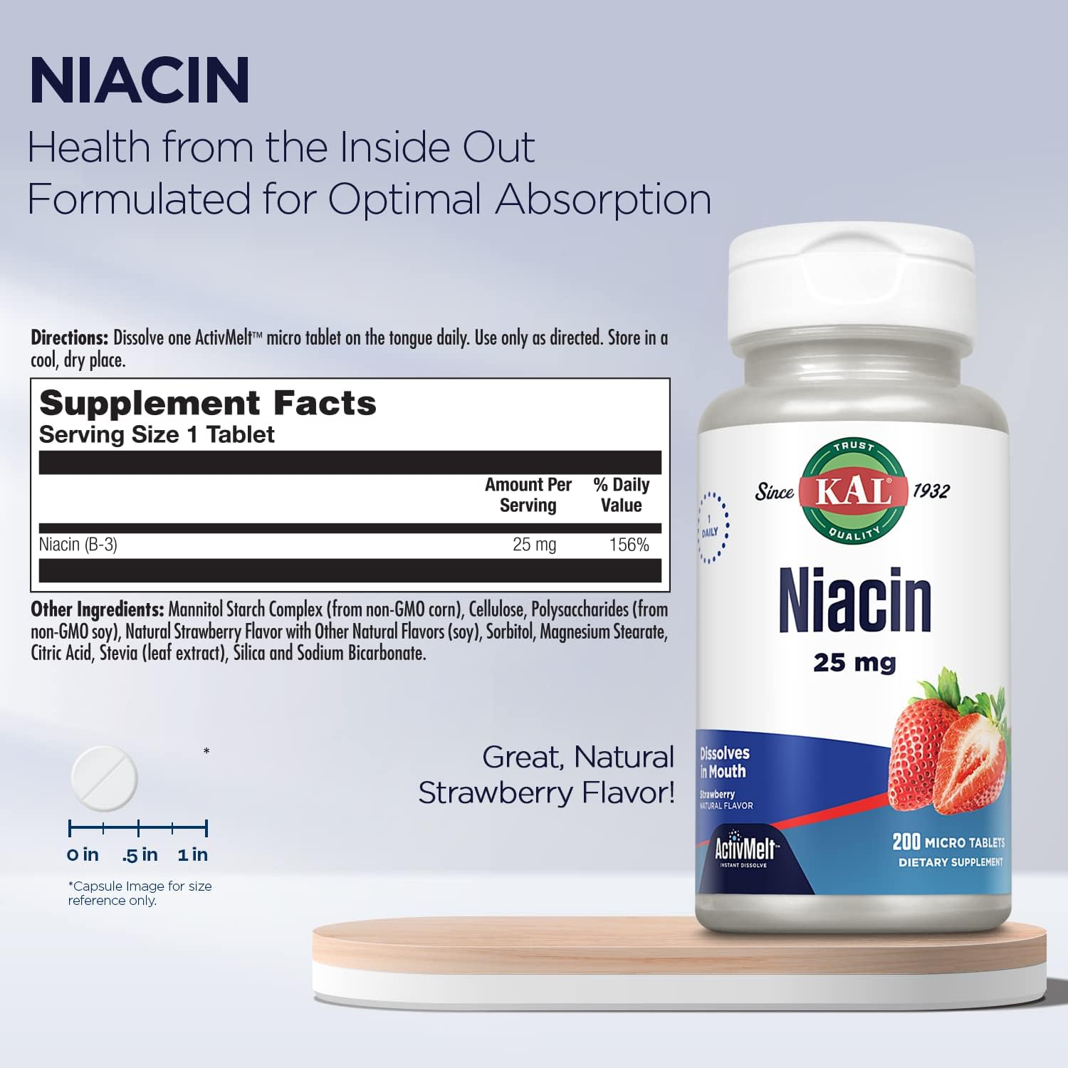 200 Count Kal 25 Mg Niacin Tablets in Strawberry Flavor