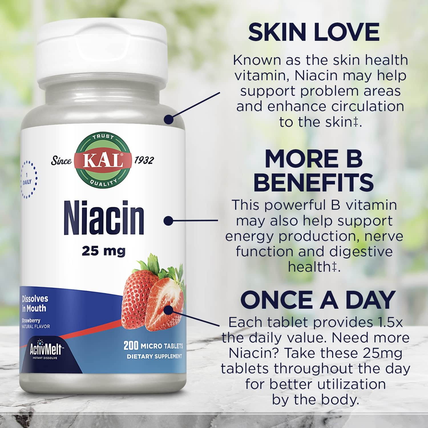 200 Count Kal 25 Mg Niacin Tablets in Strawberry Flavor