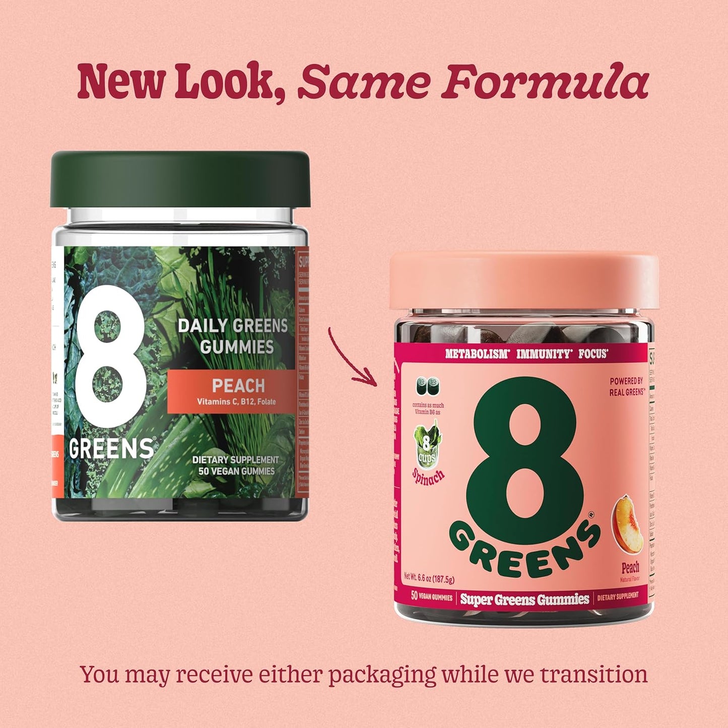 200-Count Peach Flavor 8Greens Supergreens Gummies with Organic Chlorella & Spirulina for Metabolism, Immunity, and Digestive Health