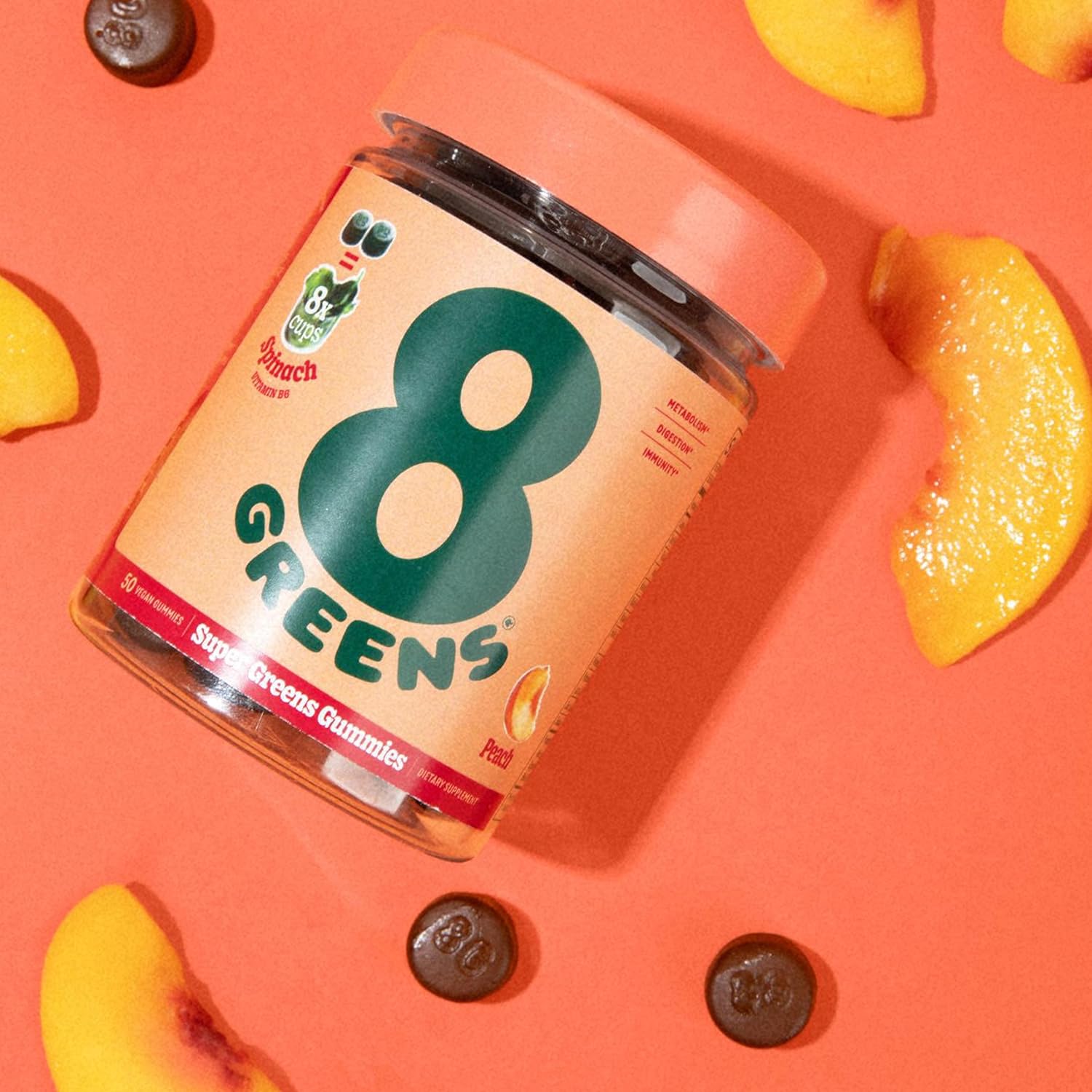 200-Count Peach Flavor 8Greens Supergreens Gummies with Organic Chlorella & Spirulina for Metabolism, Immunity, and Digestive Health