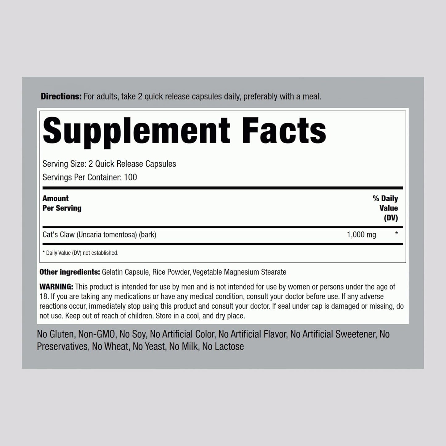 200 Count Piping Rock Cat's Claw Capsules 1000mg Herbal Supplement - UNA De Gato - Non-GMO & Gluten Free