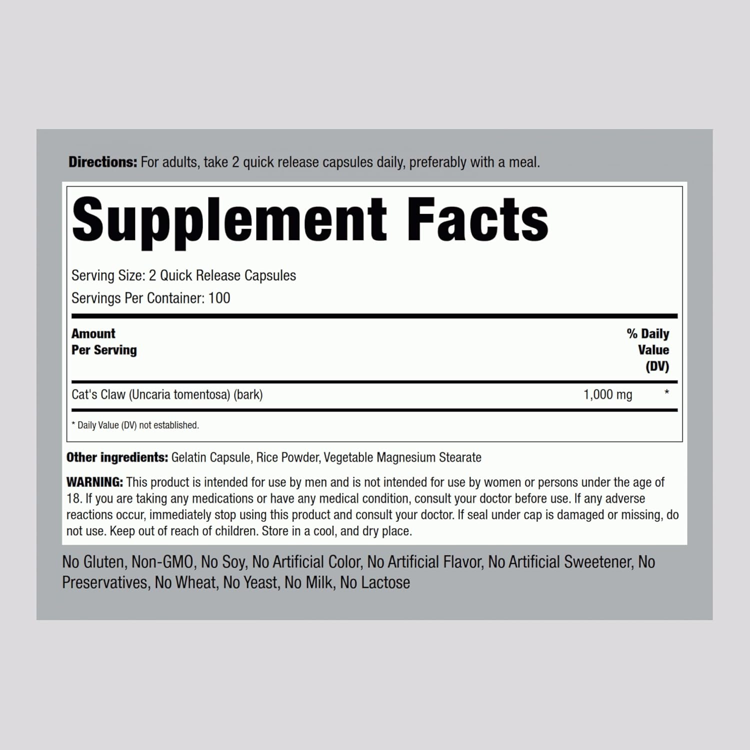 200 Count Piping Rock Cat's Claw Capsules 1000mg Herbal Supplement - UNA De Gato - Non-GMO & Gluten Free