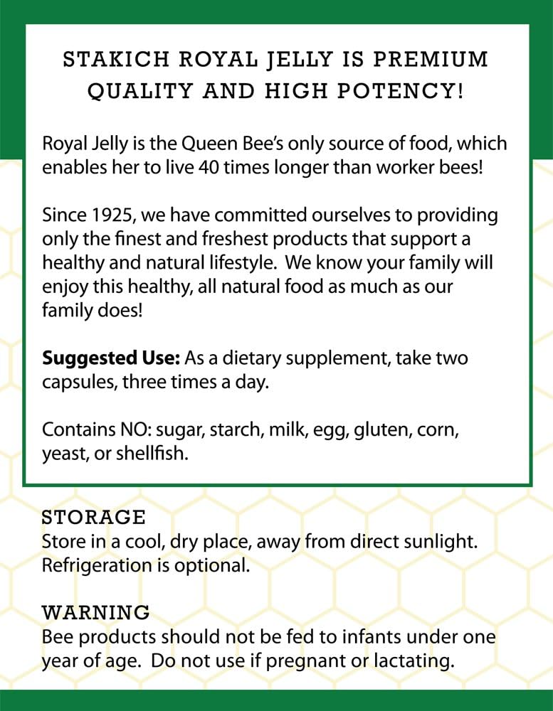 200 Count Stakich Royal Jelly Capsules 500 mg - High Quality Supplement for Energy and Immune Support