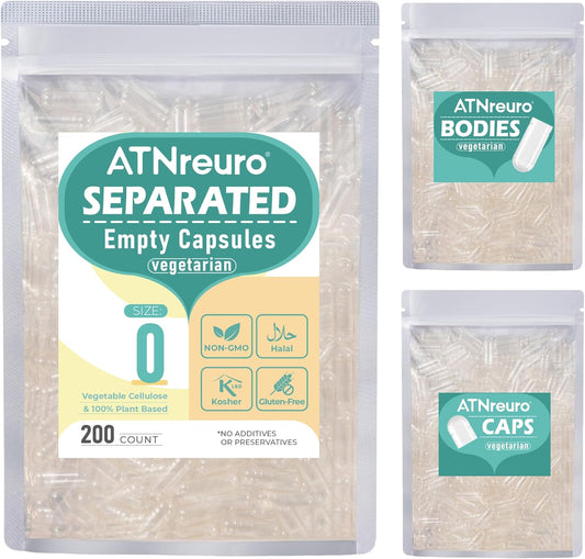 200 Count Vegan Empty Separated Capsules with Micro Spoons for Powders - Vegetarian Size 0 Capsules for Supplements
