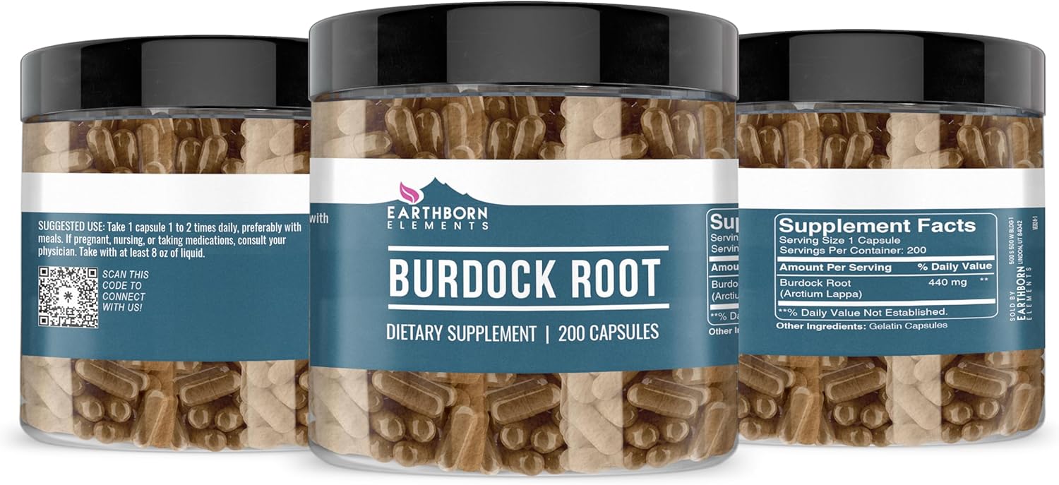 200 Earthborn Elements Burdock Root Capsules - Pure & Undiluted Without Additives