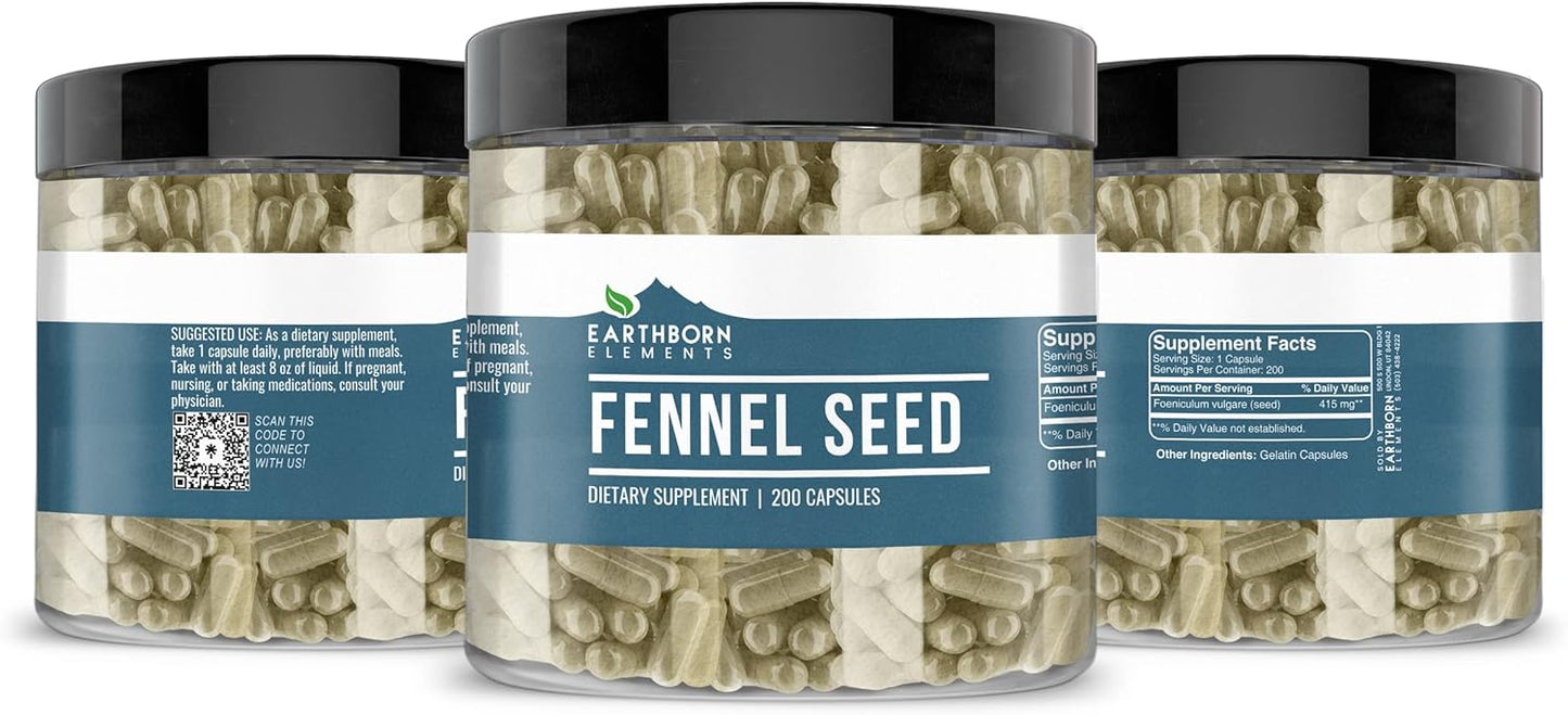 200 Earthborn Elements Fennel Seed Capsules - Pure & Undiluted, Additive-Free