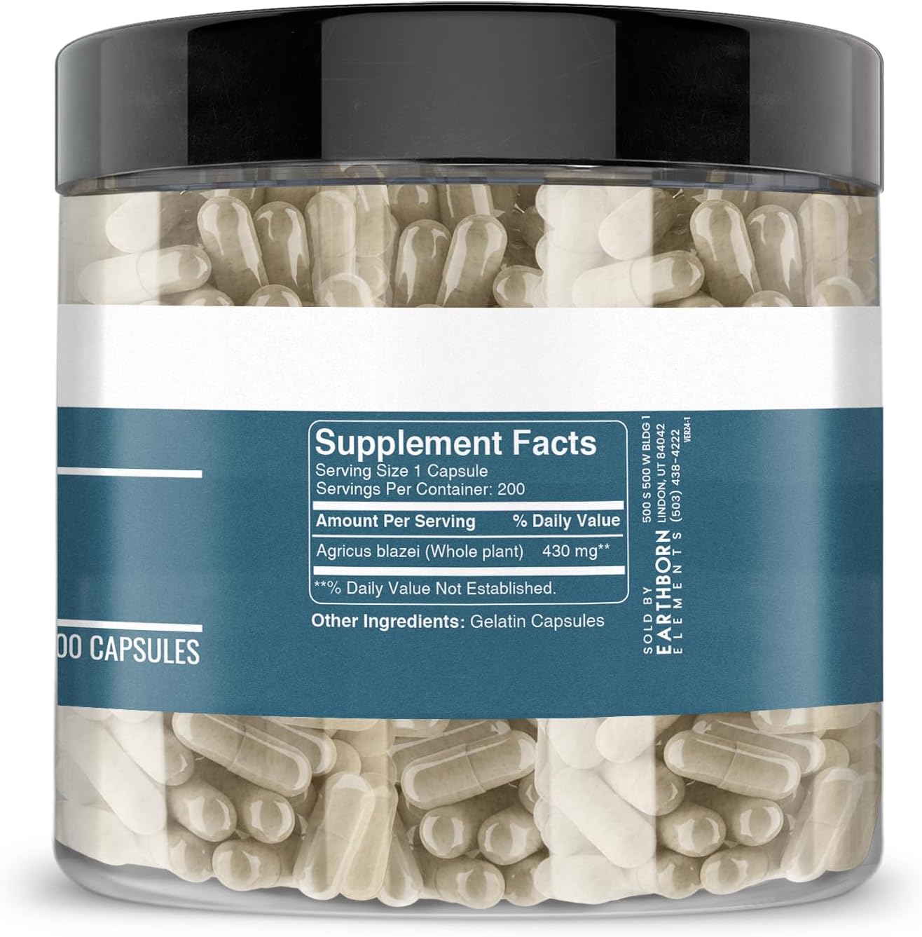 200 Pure Agaricus Blazei Capsules by Earthborn Elements - No Additives, Undiluted