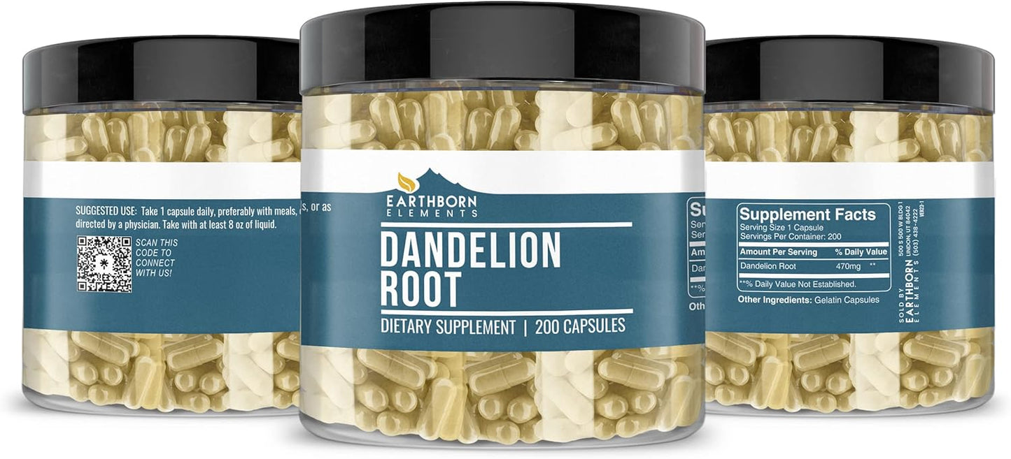 200 Pure Dandelion Root Capsules by Earthborn Elements - No Additives, Undiluted Formula