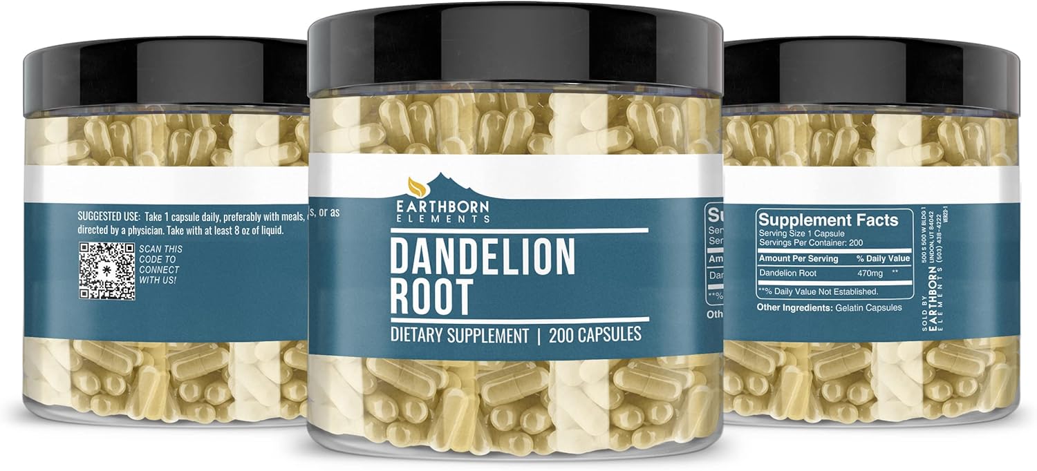 200 Pure Dandelion Root Capsules by Earthborn Elements - No Additives, Undiluted Formula