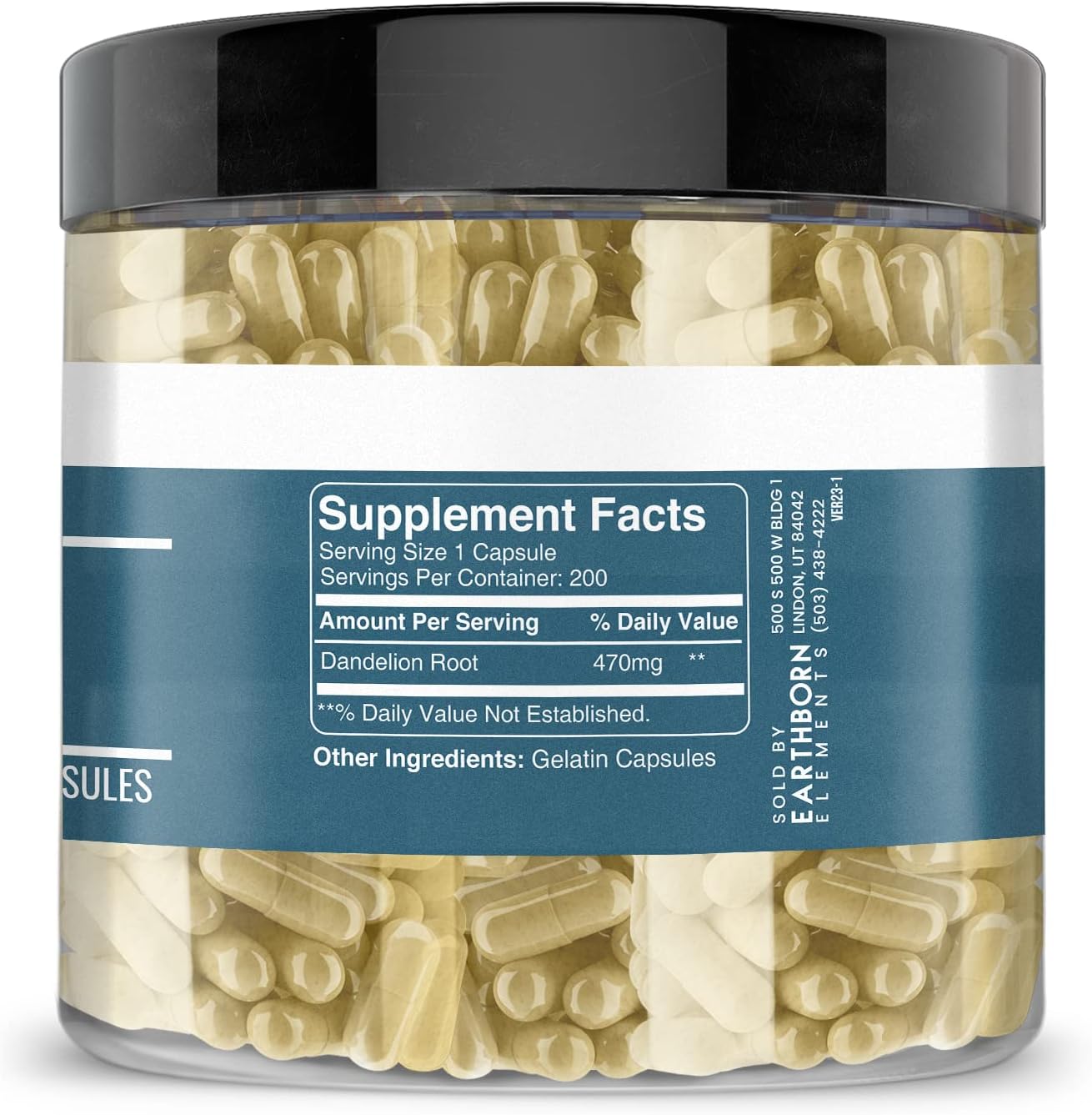 200 Pure Dandelion Root Capsules by Earthborn Elements - No Additives, Undiluted Formula