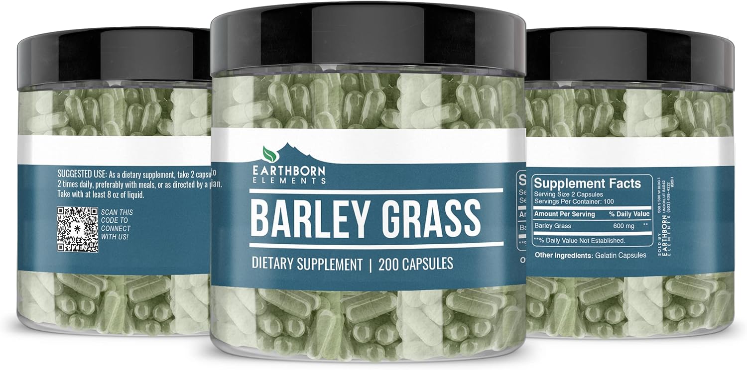 200 Pure & Undiluted Barley Grass Capsules - Earthborn Elements, Additive-Free