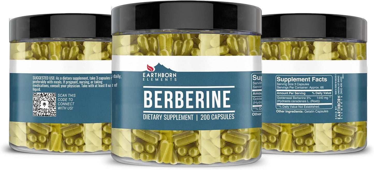 200 Pure & Undiluted Berberine Capsules by Earthborn Elements, Additive-Free